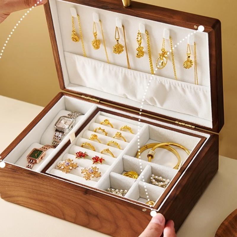 Elegant Walnut Wooden Double Layer Jewelry Box Portable Travel Organizer with Built-in Storage Compartments