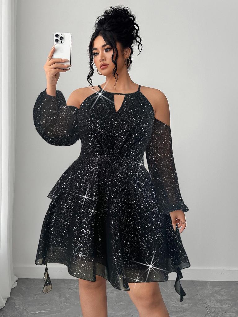 European & American Plus Size Off-the-Shoulder Ruffle Dress with Sweetheart Neckline and Lantern Sleeves