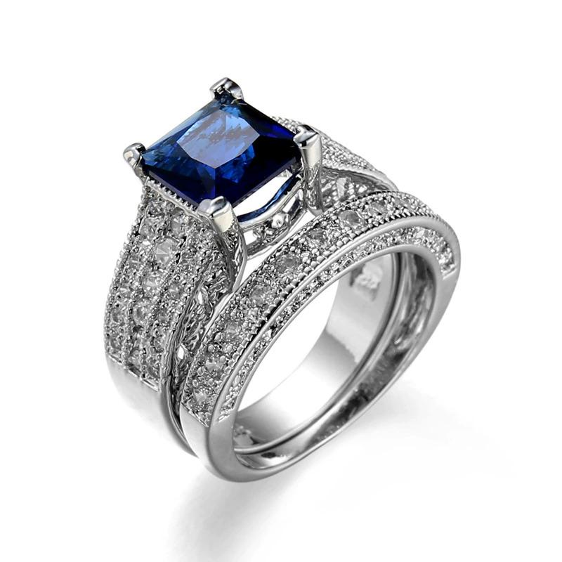

Luxury Quality 1 Carat Synthetic Stone Sterling Silver Wedding Ring Bridal Set, Engagement Ring Set for Women, 6 синий