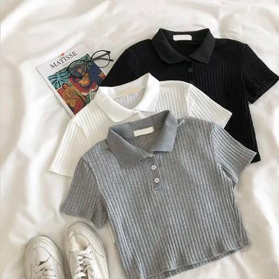 Knitted Fashion Women Blouses Tall Tops Turn Down Collar Youth Blouses Clothing Chic Cropped Shirt