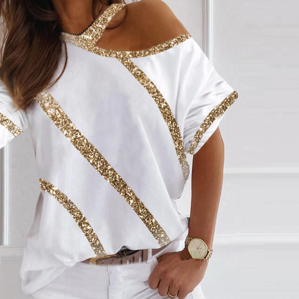 Women's Fashion Print Loose Shoulder Casual Short Sleeve T-shirt Top Blouse