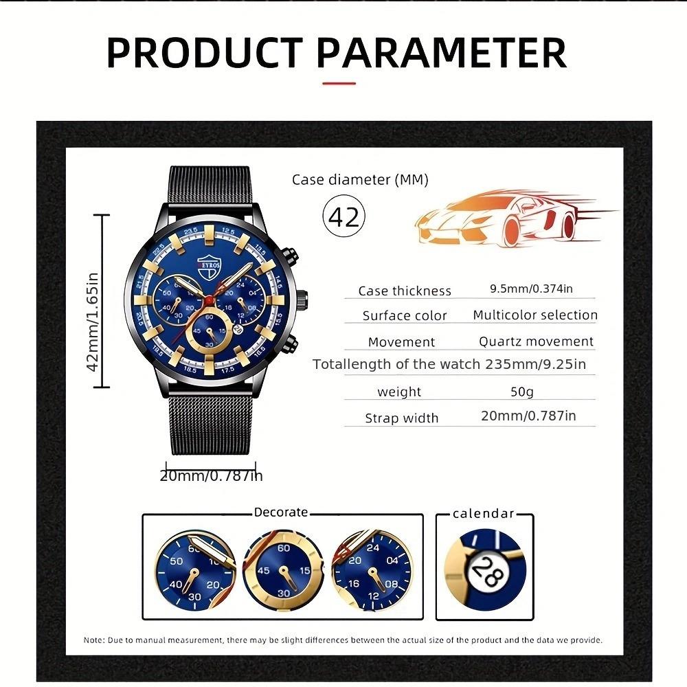 3ST Set Mode Business Guld Lyx Herrklocka Rostfritt stål Mesh-rem Datum Herrklocka & Armband & Korshänge, Herrpresenter