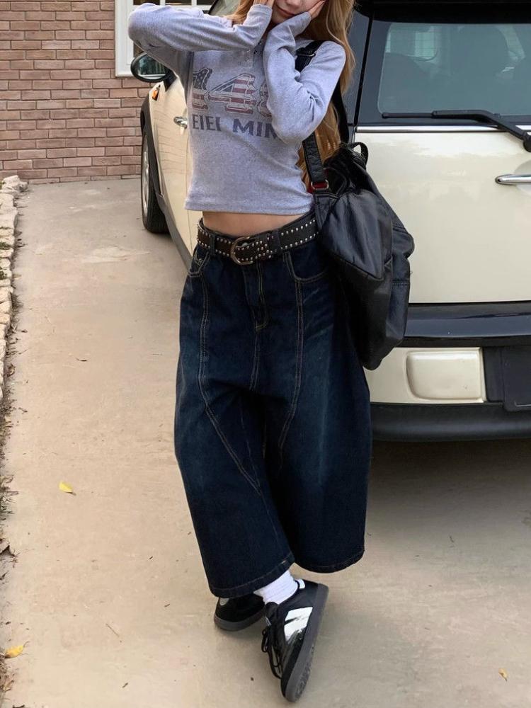 90s Plus Size American Embroidery Stitched Jeans Women Summer Loose Retro High Waisted Pants Y2k Design Wide Leg Cropped Shorts