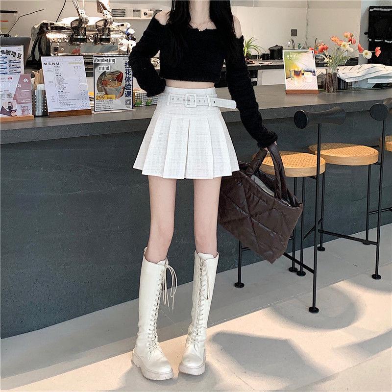 Women's High-Waisted Pleated A-Line Midi Skirt with Belt - Retro Style for All Seasons