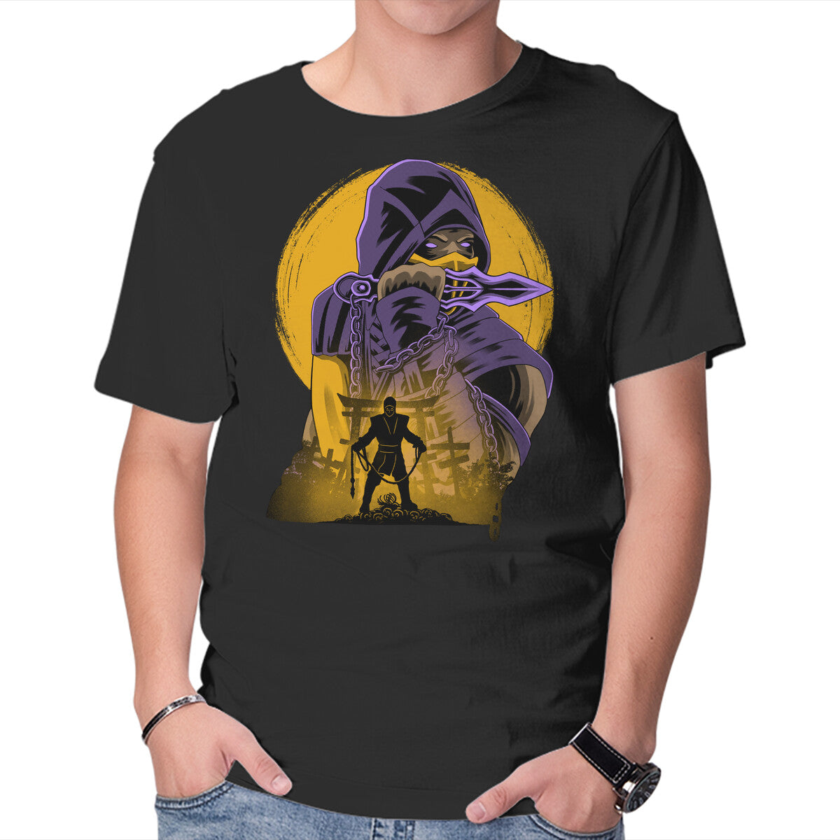 Unisex Crew Neck T-Shirt Yellow Ninja Fighter Graphic Short Sleeve Casual Tee L