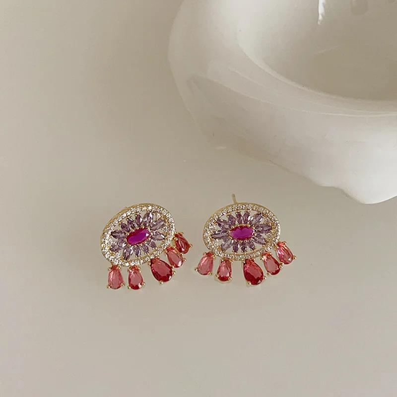 Women Colorful CZ Round Hollow Tassel Drop Earrings Fashion Statement Jewelry