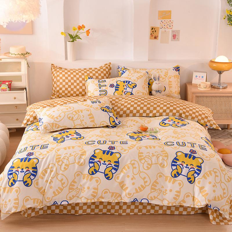 Simple Plaid Washed Cotton Four-piece Dormitory Quilt Cover Three-piece Bed Sheet Quilt Cover