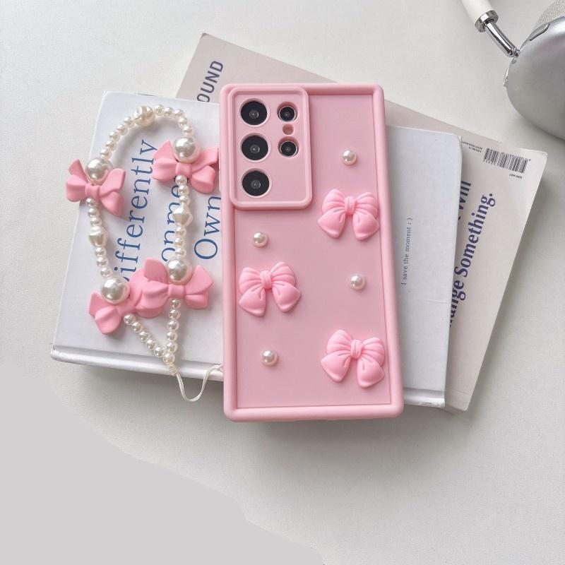 3D Elegant Bowknot Faux Pearl Chain Phone Case For Samsung Galaxy S25 Ultra S21 S22 S23 Plus S24 FE Short Strap Lanyard Cover
