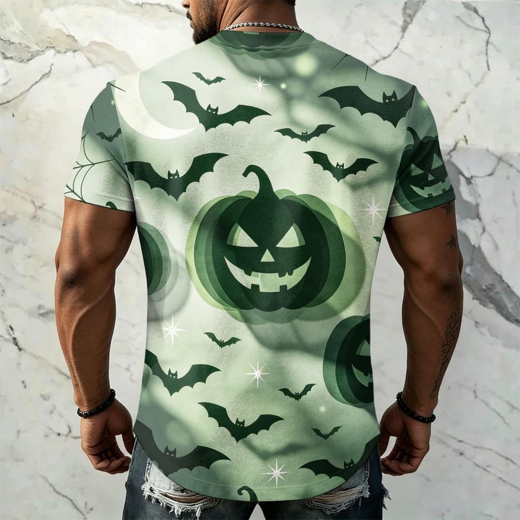 Men's Halloween Vintage Short Sleeve T Shirt Loose Fit Breathable Summer Sports Streetwear Casual Everyday Top with Pumpkin and Bat Print