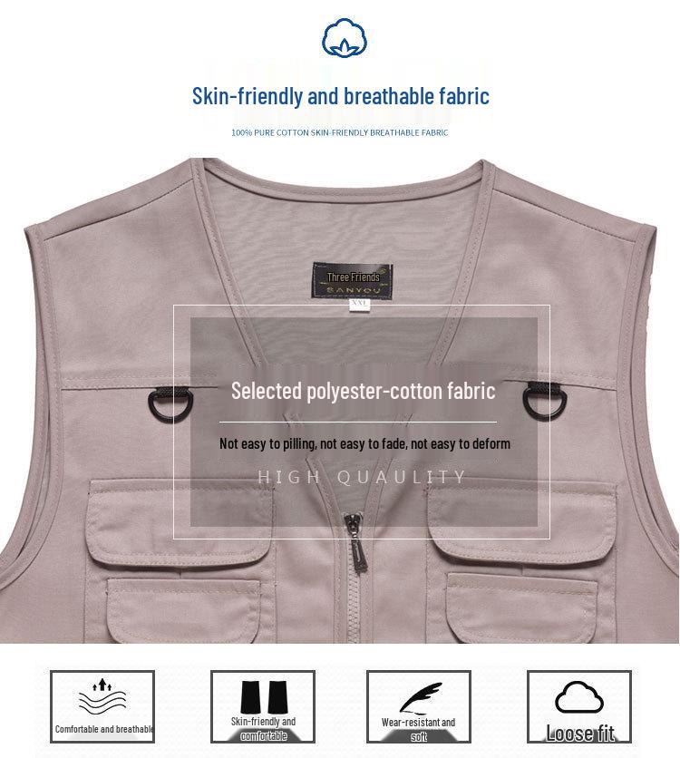 Atmungsaktive Herrenweste mit mehreren Taschen für Angeln und Fotografie - Übergröße, ärmellos, dünner Stil für mittelalte und ältere Männer.