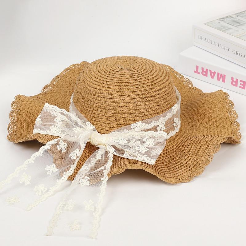 New sweet bow lace straw hat summer sunscreen sunshade outdoor big brim sun hat fashion lace streamer