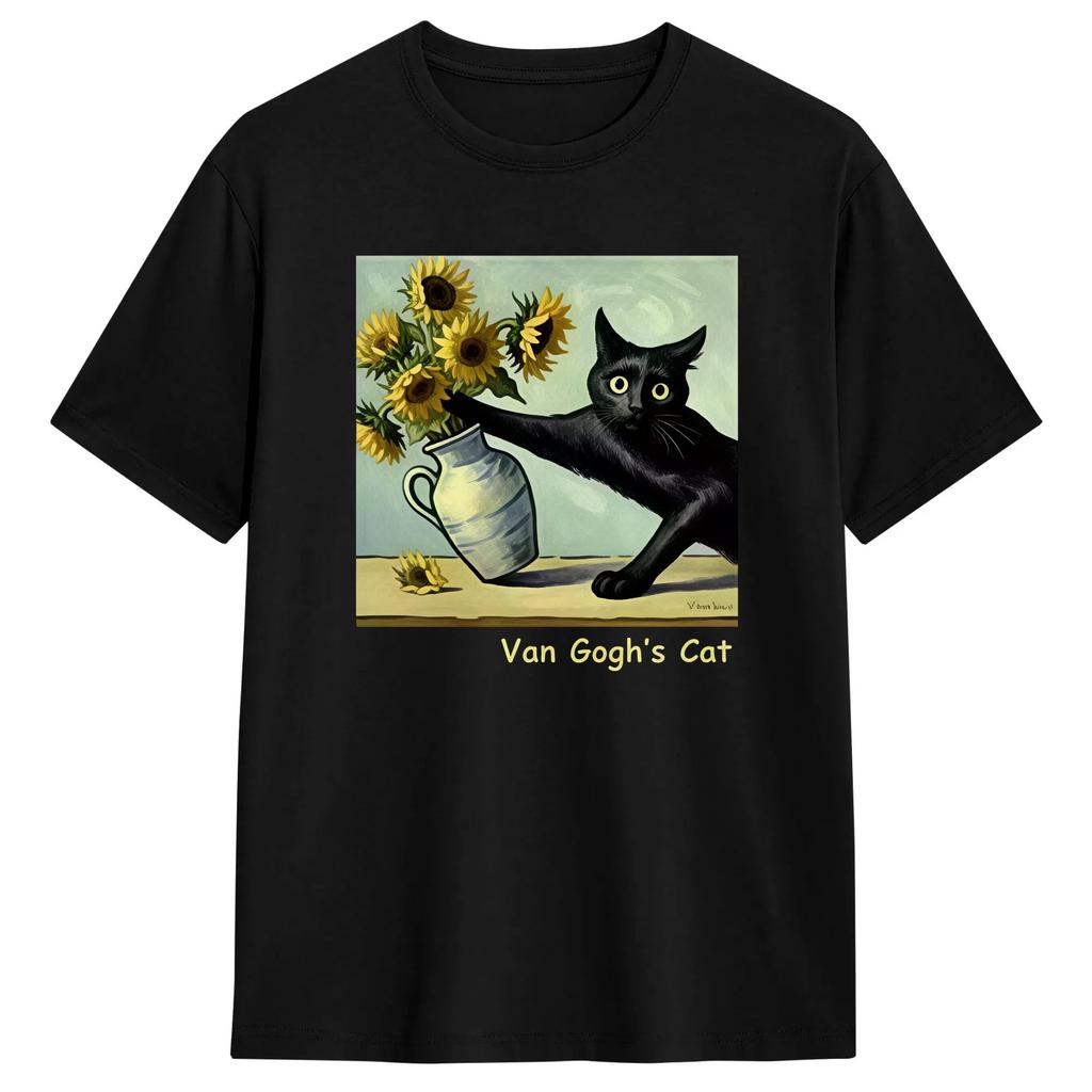 Men Tshirts Funny Van Goghs Cat Sunflower Vintage Pure Cotton Tees Short Sleeve T Shirts O Neck Clothing New Arrival
