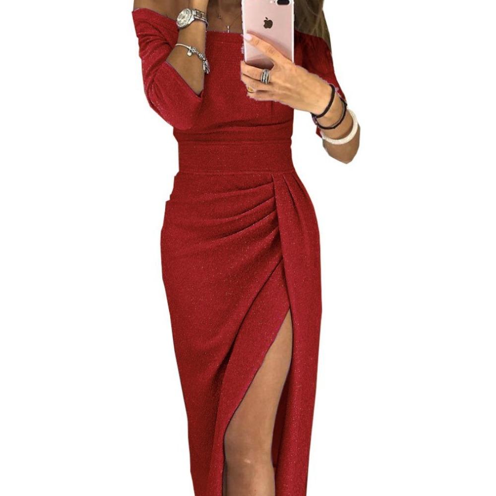Women's Off-Shoulder Long Sleeve Ruched Slit Glitter Evening Dress
