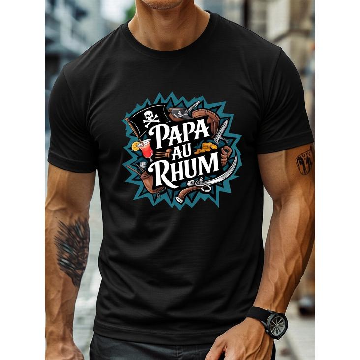 Men S Pirate Rum for dad Graphic T-Shirt | Lightweight Loose Fit Short Sleeve Tee with Papa Au Rum Design, Skull & Cocktail Art, Tropical Rum Bottle S