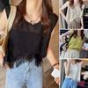 Women Vest Tops Round Neck Sleeveless Tassel Hem Tank Tops Solid Color Loose Fit Knitting Camisole Daily Wear