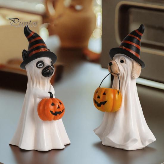 Indoor Haunted House Supplies Halloween Ghost Dog Figurine, Wizard Hat Pumpkin Resin Statue, Cute Tabletop Decor Puppy Ornaments for Entryway