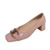 Pink Patent Leather Thick Heel High Heels Female Cute Metal Buckle Shallow Mouth Women's Shoes Temperament Sheepskin Pad Single Shoes Female Square