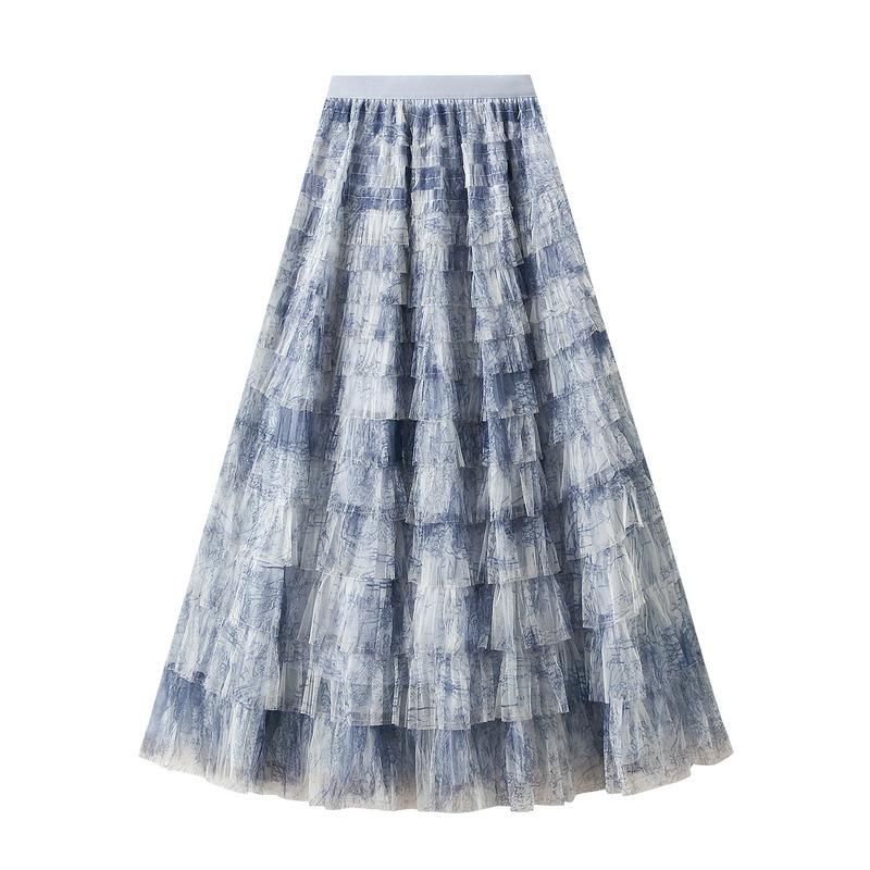 Blue Mesh Skirt Summer Sweet Long Tulle Cake Skirt Women Fashion Half Length Skirt