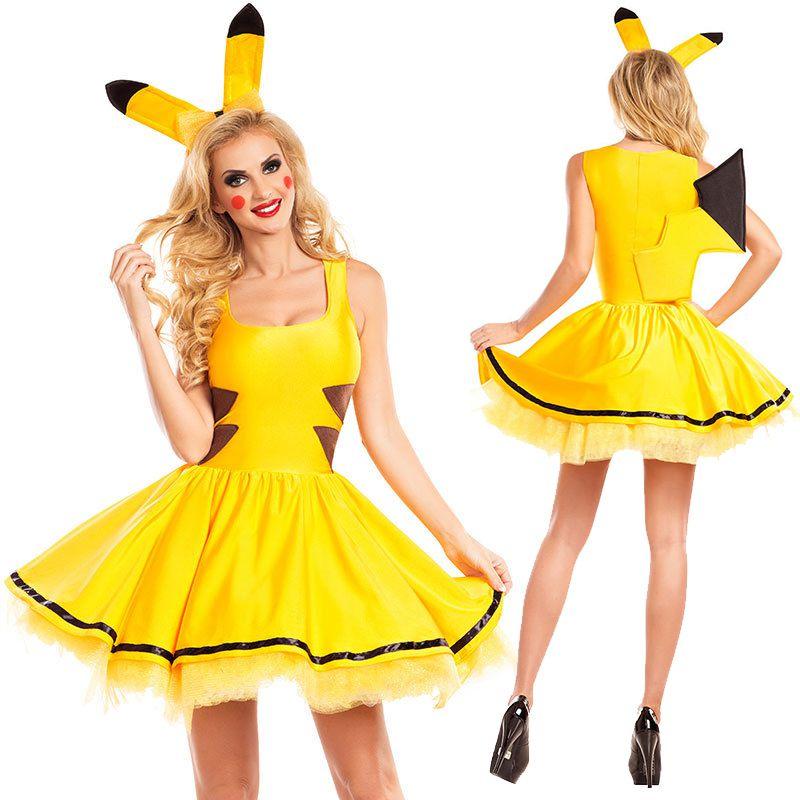 Cadılar Bayramı Kutlamaları İçin Tül Detaylı Muhteşem Sarı Pokemon Pikachu Kadın Elbise Kostümü
