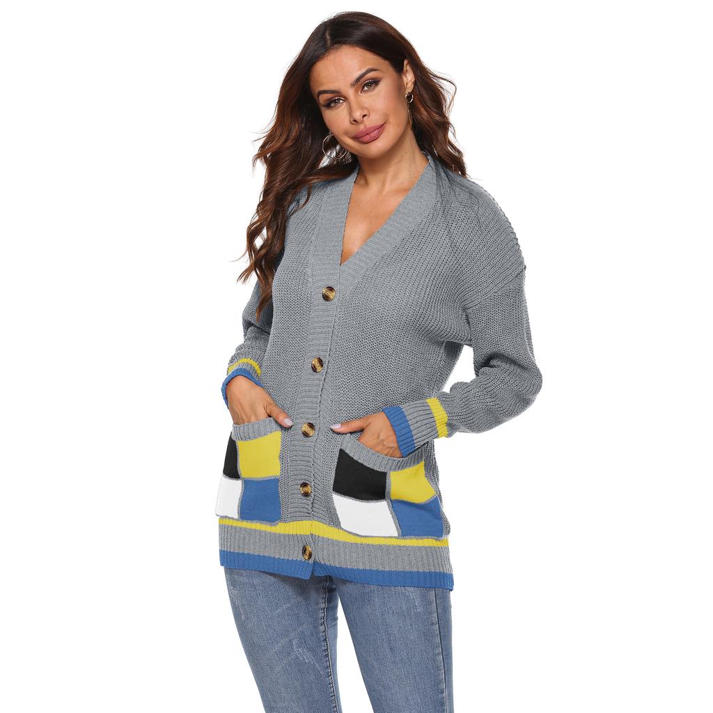 Autumn and Winter Women's Thickened Cardigan Colour Blocking Pockets Single-breasted V-neck Casual Jumper