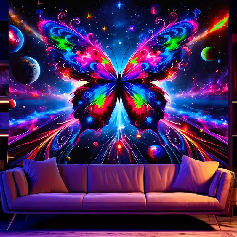 Fluorescent Psychedelic Astronaut Butterfly Tapestry, Neon Starry Sky Wall Hanging, Party Dorm Decor, Gift