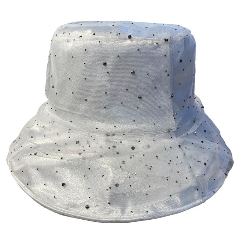 Spring and Summer New Women's Full Diamond Decoration Big Head Circumference Mesh Gauze Hat Fashionable and Casual Versatile Face Small Bucket Hat