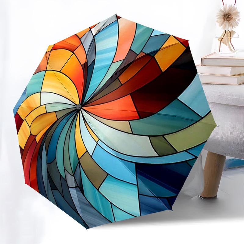 

1pc Stained Glass Spiral Design Automatic Opening Folding Umbrella with 8-Bone Iron Frame - Portable Outdoor for Fans, Travelers, Daily Use, Festive G