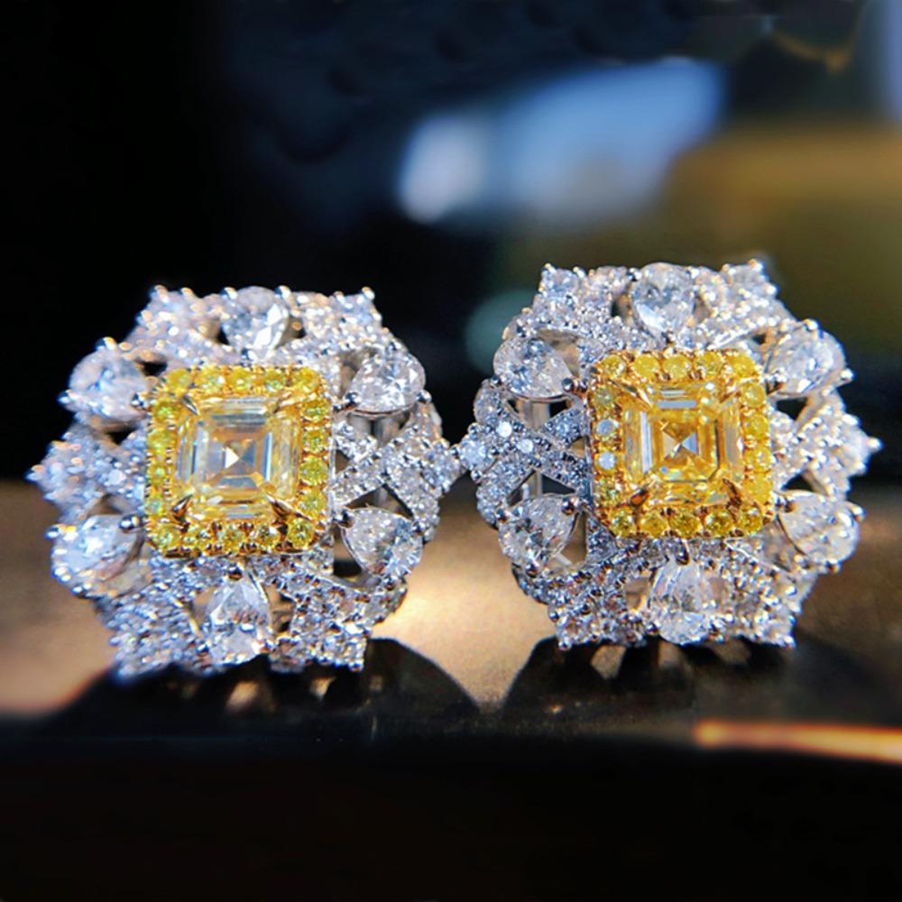 Elegant Asscher Cut Fancy Yellow Diamond Earrings Micro Paved Canary Diamond Studs for Women