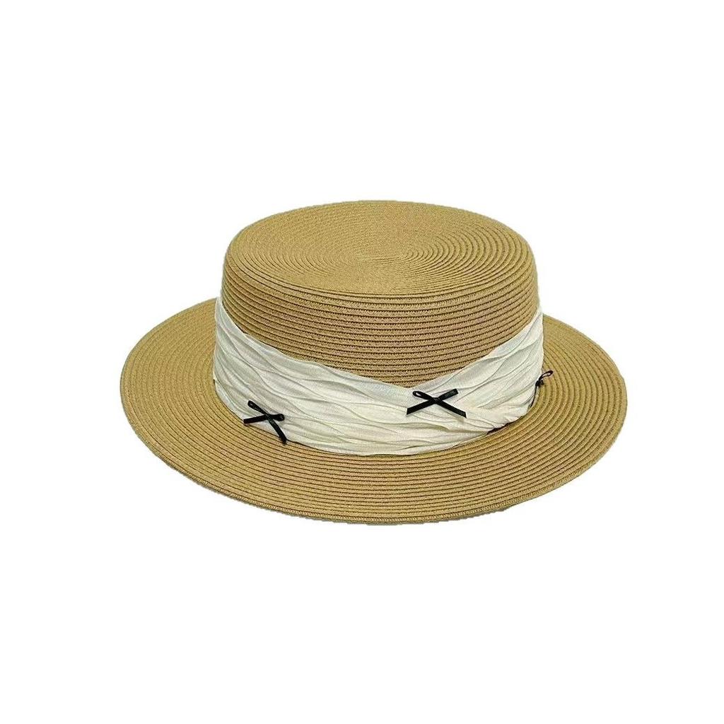 Summer Small Fresh Bow Flat Top Straw Hat Women's Travel Shade Straw Versatile Top Hat Seaside Holiday Hat