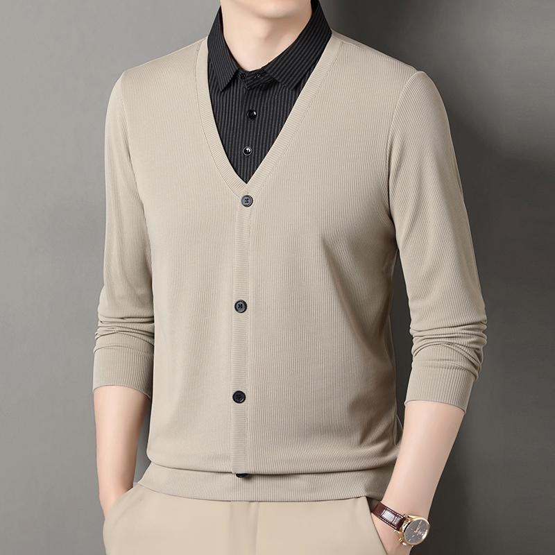 Men's Fake Two Piece Polo Shirt Casual Fashion Long Sleeve Collar T-shirt Versatile Top