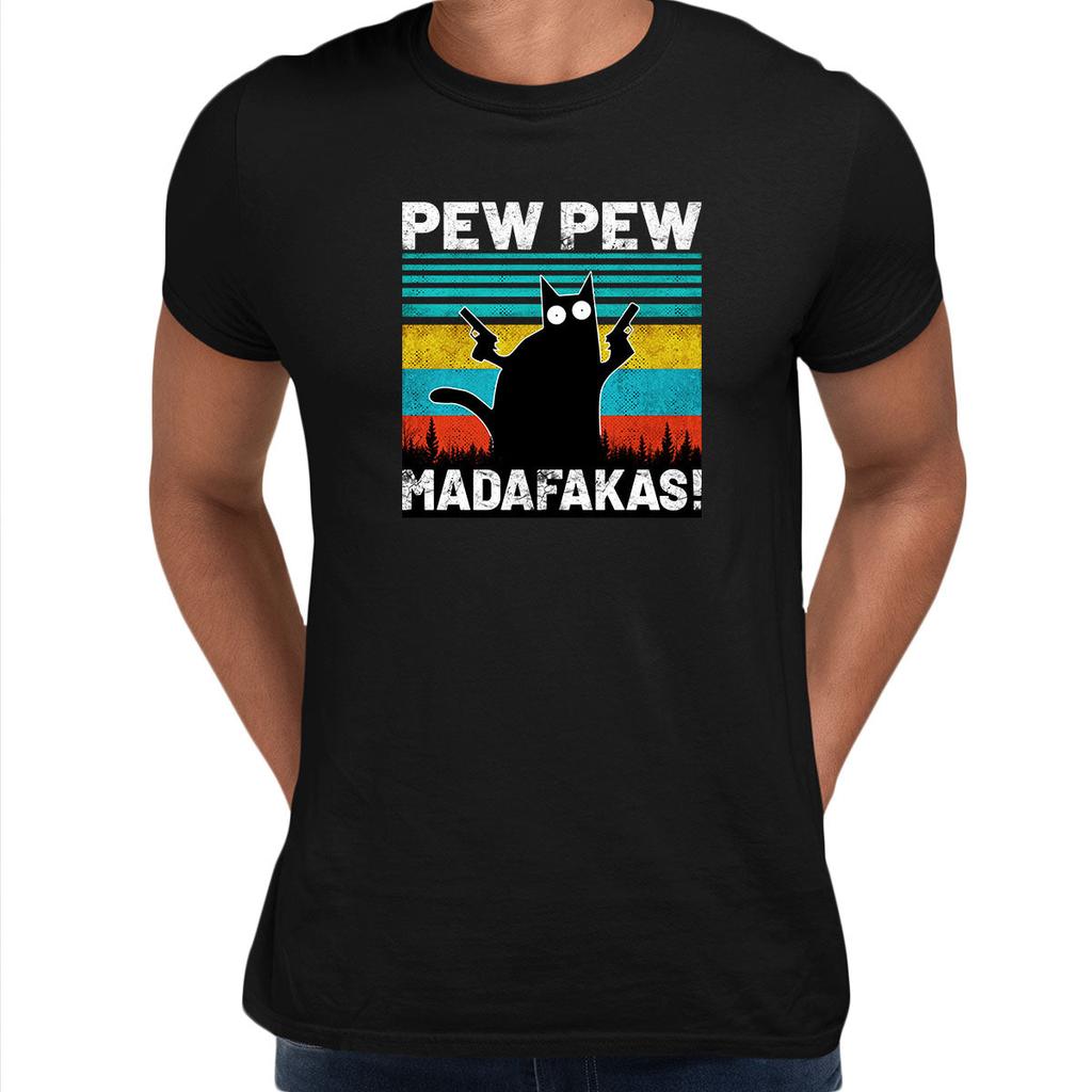 PEW PEW MAD Vintage Funny T-Shirt Cat Retro Kitten Xmas Gift Unisex Tops