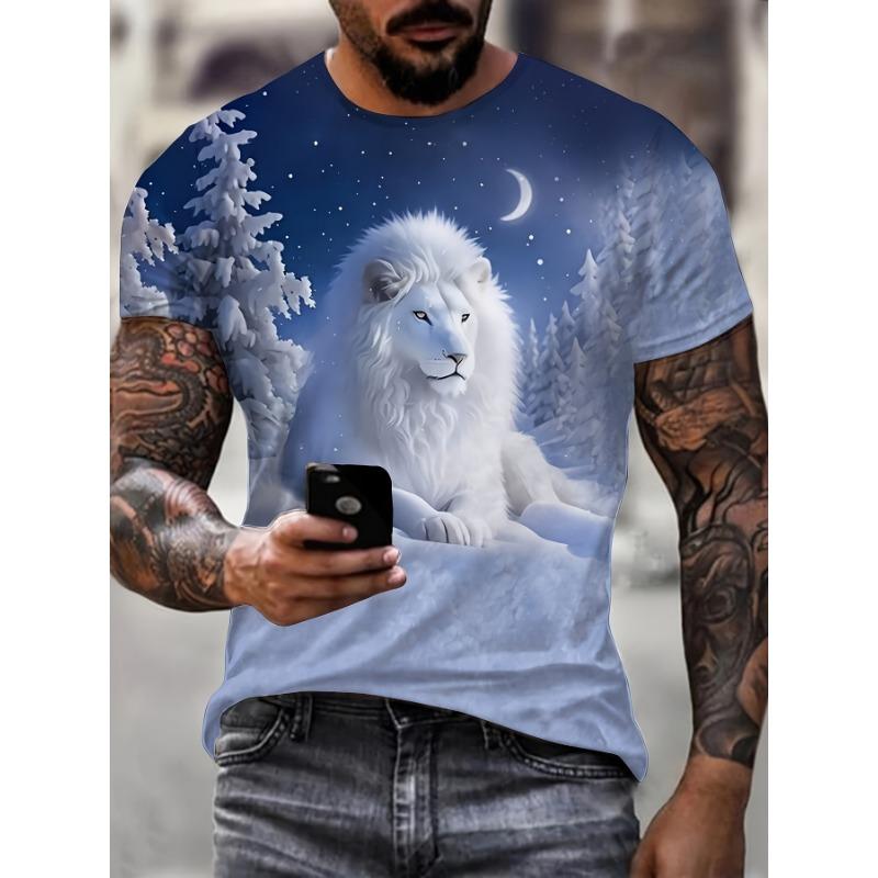 3D Snow Lion Printed T-Shirt for Men Cool White Animal King Moonlit Graphic Short Sleeve Tees Trendy Casual Round Neck Harajuku Style Streetwear Tops