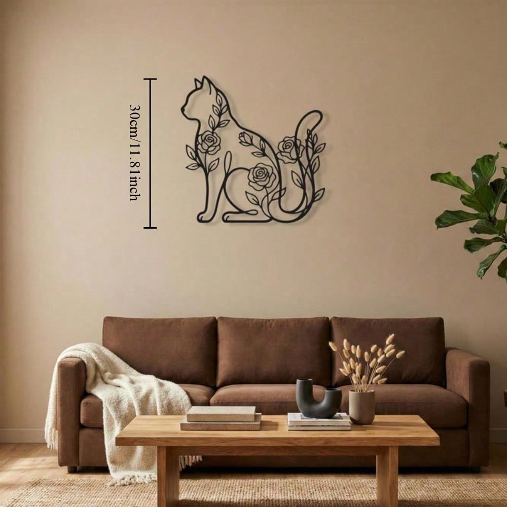 Floral Cat Metal Wall Art, Rose Silhouette Iron Sculpture, Minimalist Pet Lover Gift