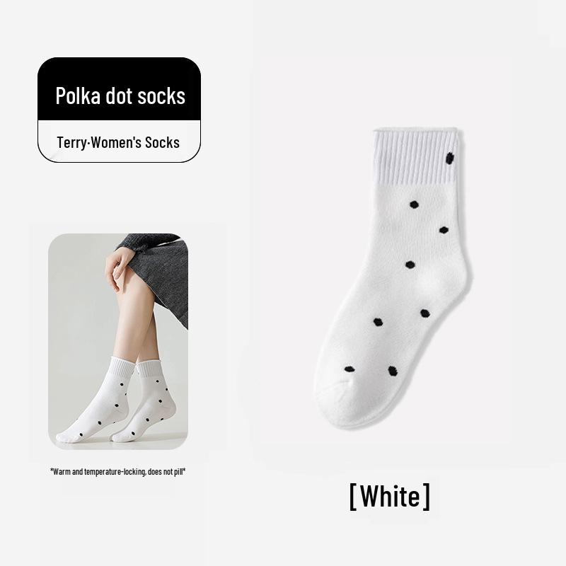 Gray Women's Mid-Calf Socks - Autumn/Winter Pure Cotton with Japanese Ruffle Edge & Polka Dots