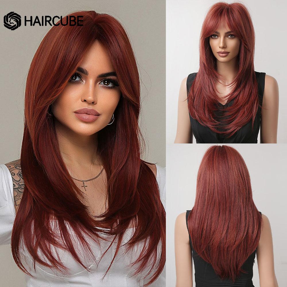 Long Wavy Layered Black-Brown Shoulder-Length Wigs With Bangs Heat Resistant Synthetic Wigs for Women Cosplay Daily Natural Wigs