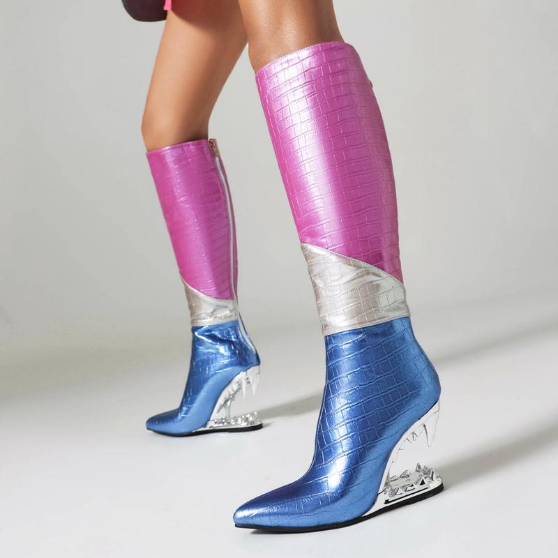 Fashion Women's New Autumn and Winter Pointed Color Blocked Zipper Wolf Tooth High Heel Plus Size High Tube Knight and Knee Boots