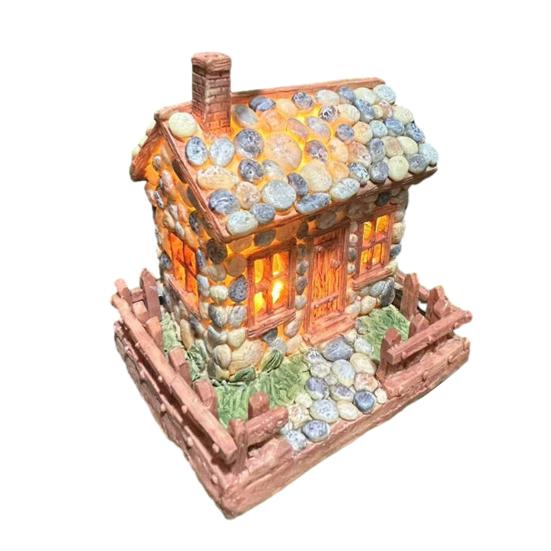 Miniature Resin Stone House Mini Rustic Pebble House with LED Light Fairy Garden Micro Landscape Decoration for Bonsai Moss Terrarium Crafts