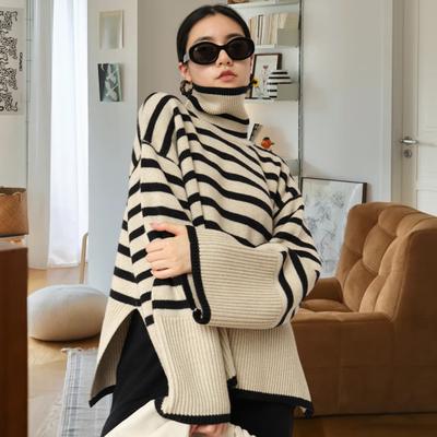 Women Fall Winter Sweater High Collar Neck Protection Contrast Color Striped Print Loose Knit Long Sleeve Split Hem Soft Warm Lady One Size Sweater
