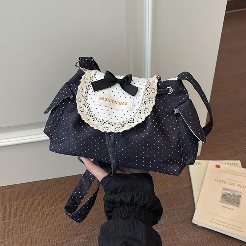 Yogodlns Lace Polka Dot Shoulder Bag Cute Drawstring Flap Crossbody Handbag Sweet Vintage Messenger Purse Daily Casual
