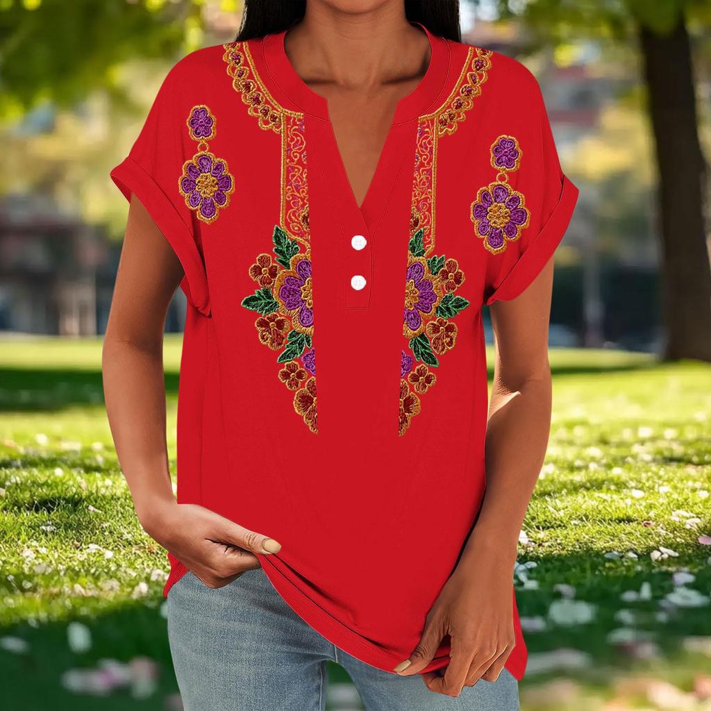 Women's Floral Print Short Sleeve V-Neck T-Shirt – Casual Loose Fit with Buttons