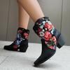 2024 New Cowboy Western Boots Women's Rivets Ankle Boots Chunky Heels Shoes Retro Patchwork Print Floral PU Footwear
