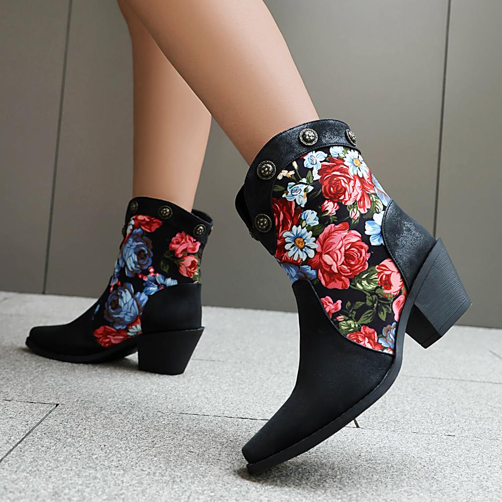 2024 New Cowboy Western Boots Women's Rivets Ankle Boots Chunky Heels Shoes Retro Patchwork Print Floral PU Footwear