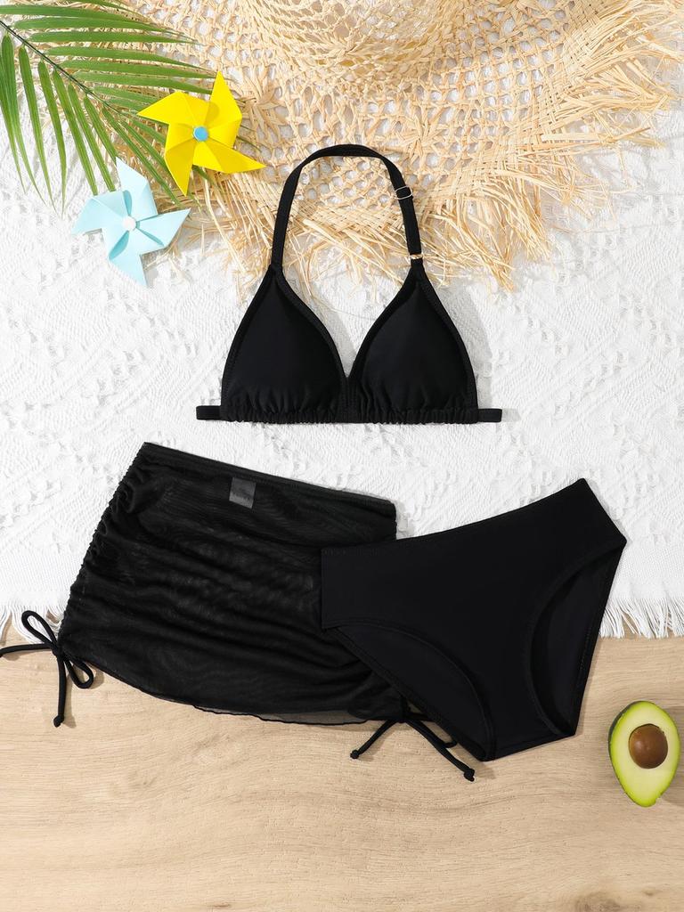 2025 Cute Girls' Three-Piece Bikini Swimsuit with Chest Pads for Middle and Older Children