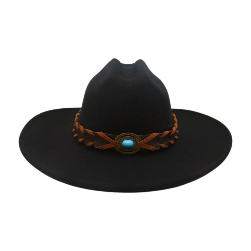 French Flat-Brimmed Top Hat Western Cowboy Hat Hot-Selling High-End Ethnic Style Travel Sunshade Woolen Jazz Hat