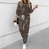 Women Leopard Print Two Piece Outfit, Long Sleeve Crew Neck Top & Drawstring Jogger Pants Casual Tracksuit for Spring Autumn