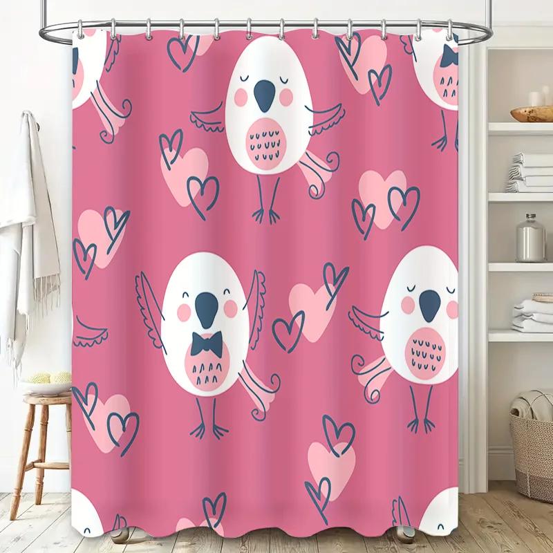 Valentine's Day Shower Curtain Pink Birds with Hearts Pattern for Bathroom Decor Made in China