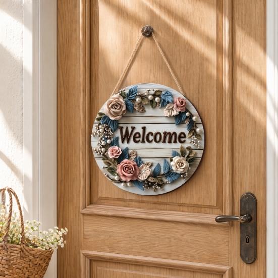 Spring Flower Wreath Welcome Sign, Independence Day Patriotic Hanging Plaque, Round Wooden Door Hanger Decoration for Indoor Outdoor
