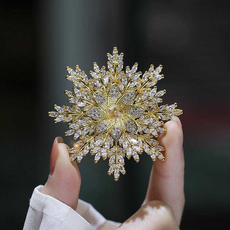 Copper inlaid zircon pearl corsage, snowflake brooch women s clothing accessories