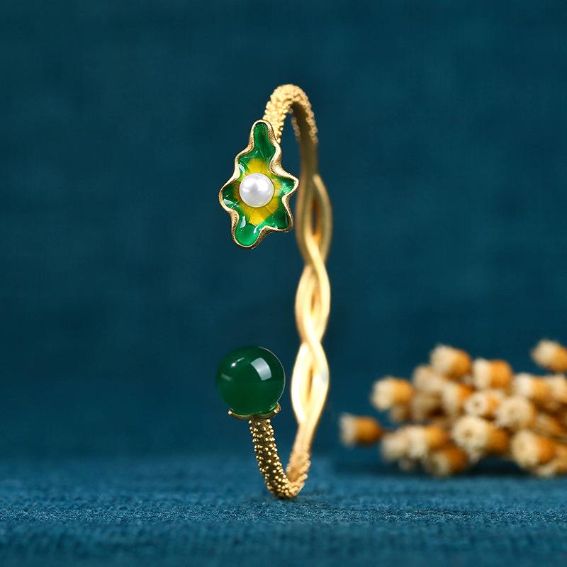 Aieryuan Ethnische Cloisonné-Emaille Vergoldet Chalcedon Lotusblatt Armreif