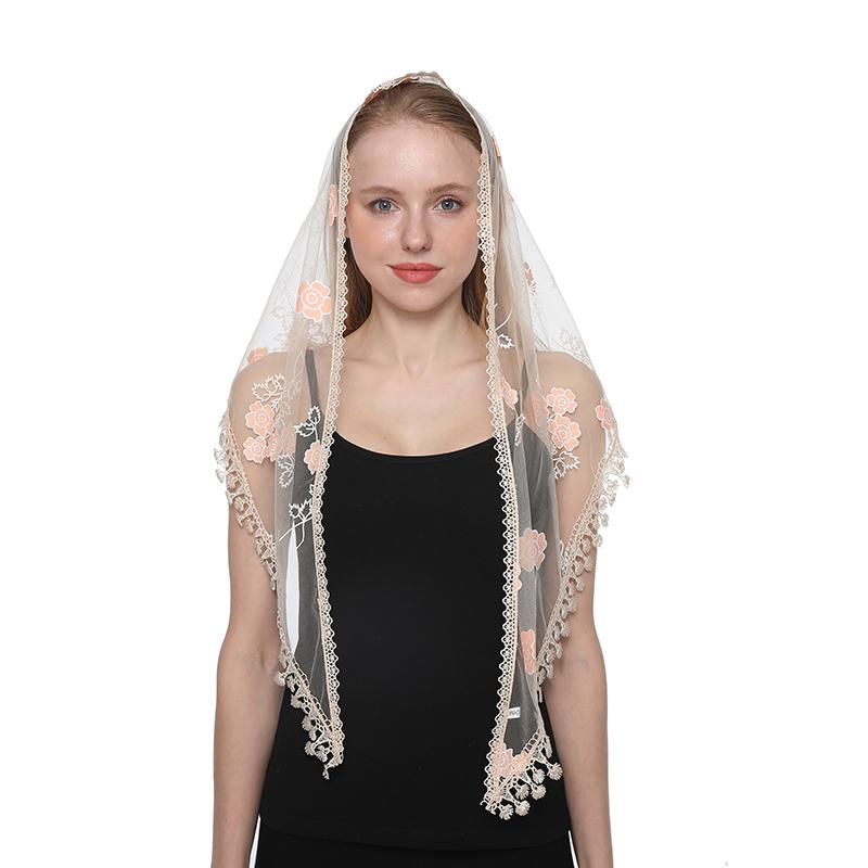 Embroidered Scarf for Church Shawl with Spanish Fringes Christian Veil Spanish Mantilla Lace Shawl Floral Women Handkerchief